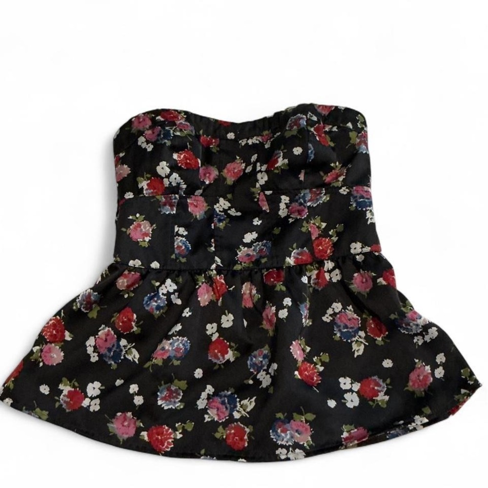 American Eagle‎ Peplum Top Women XS Black Floral Excellent Strapless Sweetheart